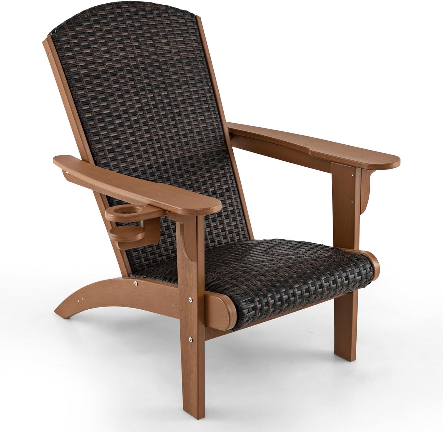 Tangkula Patio Wicker Adirondack Chair, HDPE Lounge Chair w/Rattan Padded Seat & Back