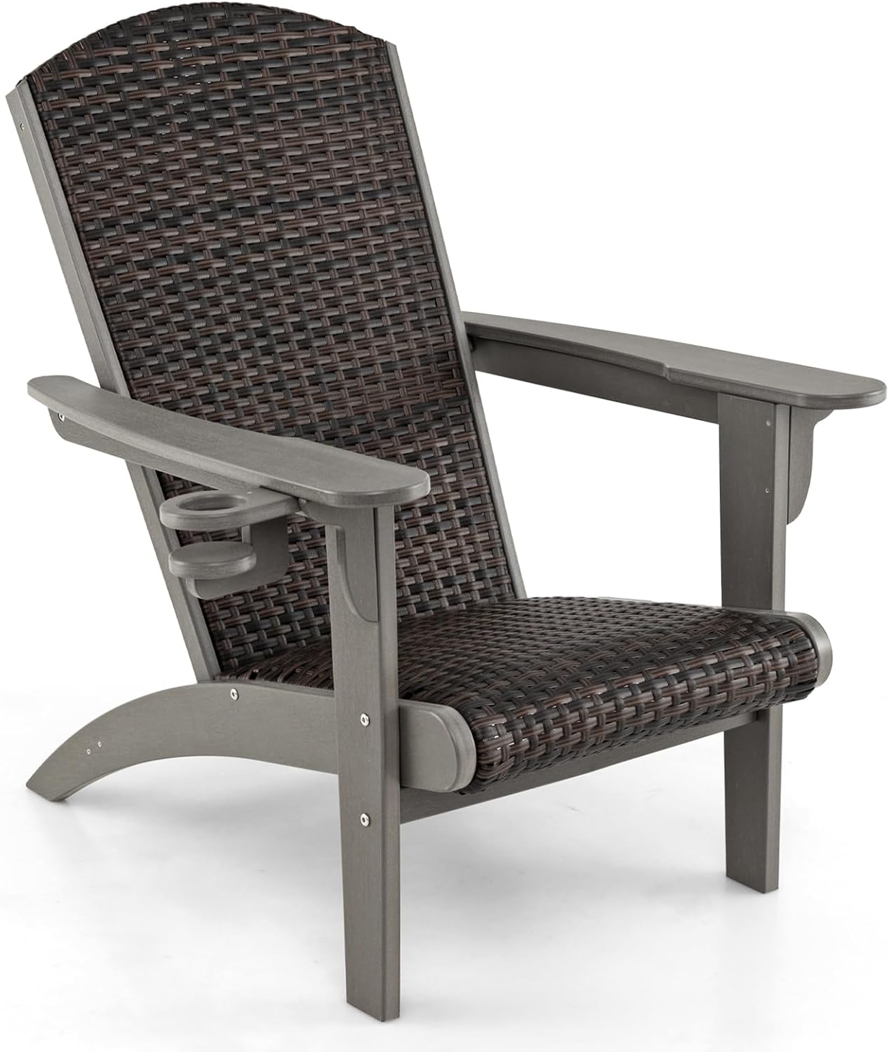 Tangkula Patio Wicker Adirondack Chair, HDPE Lounge Chair w/Rattan Padded Seat & Back