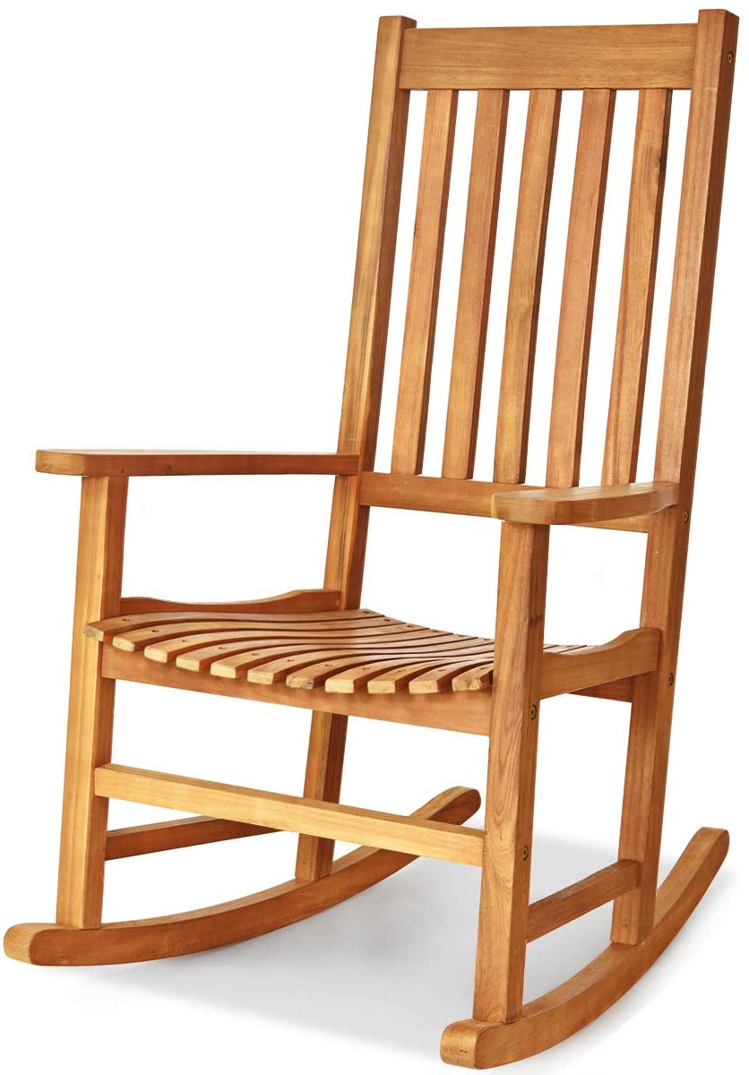 Acacia Wood Porch Rocking Chair, Wooden Rocking Chair Rocker with High Back & Armrest
