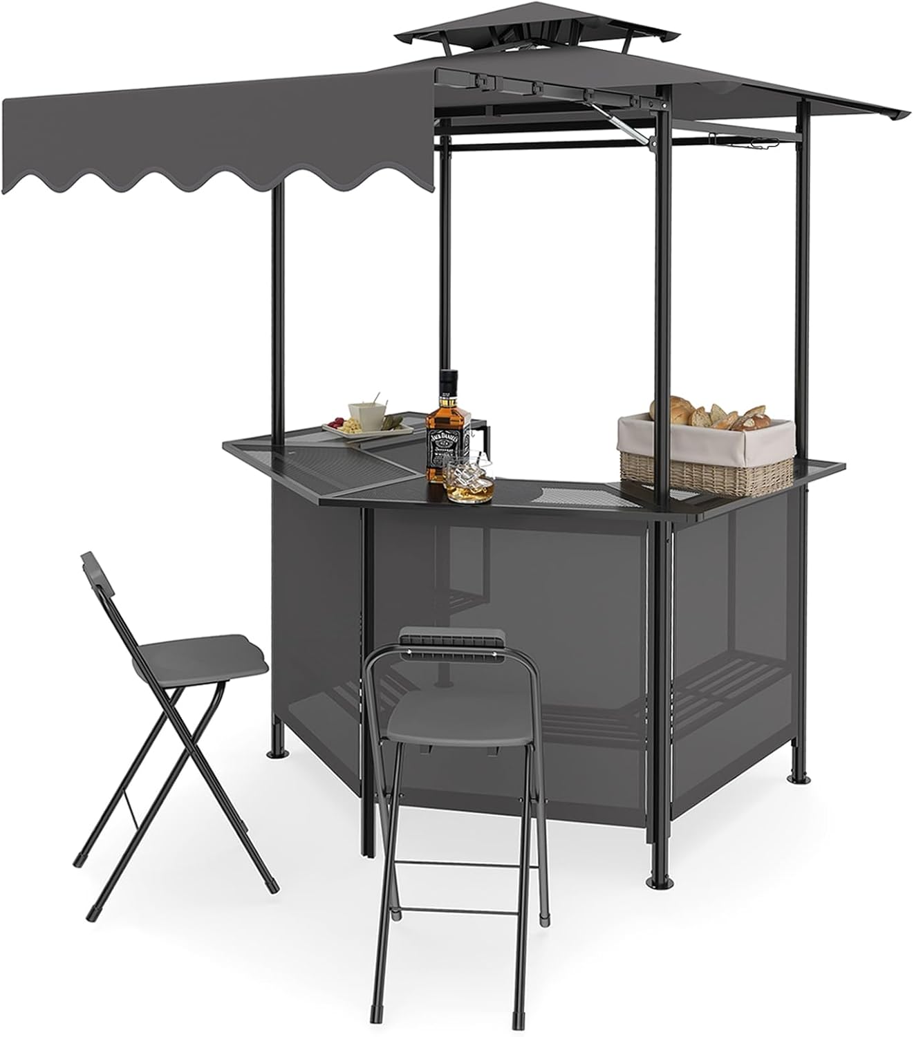 Tangkula 3 Piece Patio Bar Set | Grill Gazebo & 2 Foldable Bar Stools with Awning
