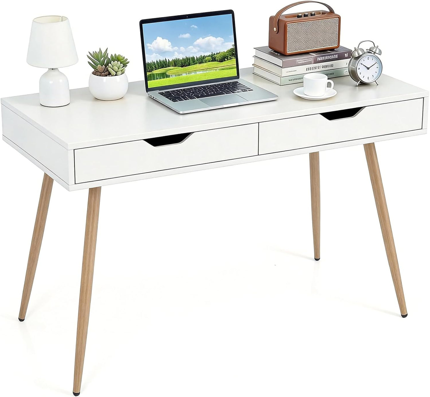 Tangkula Writing Desk w/2 Storage Drawers & 4 Rubber Wood Legs