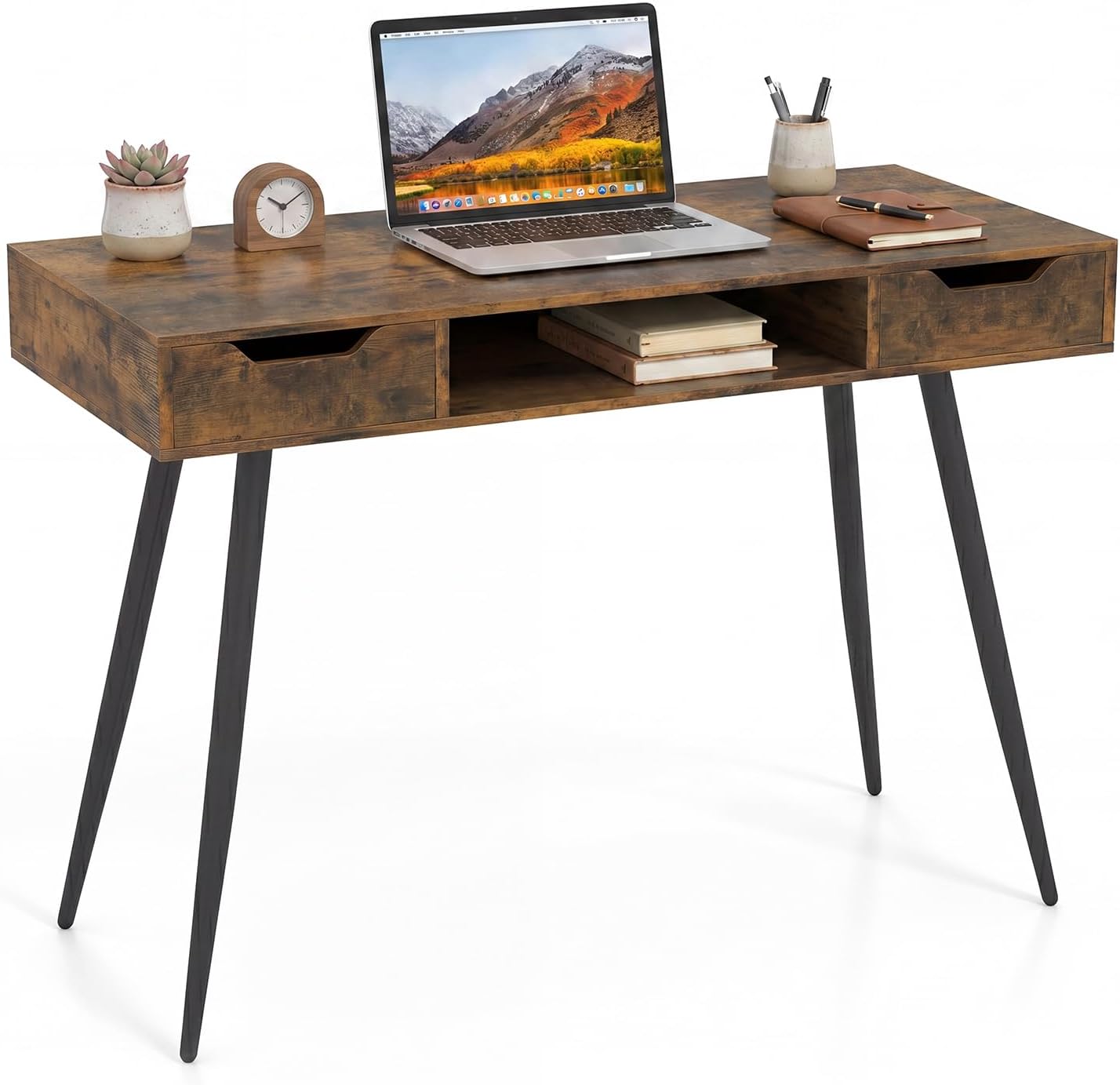 Tangkula Mid Century Modern Computer Desk with 2 Drawers & Open Center Storage