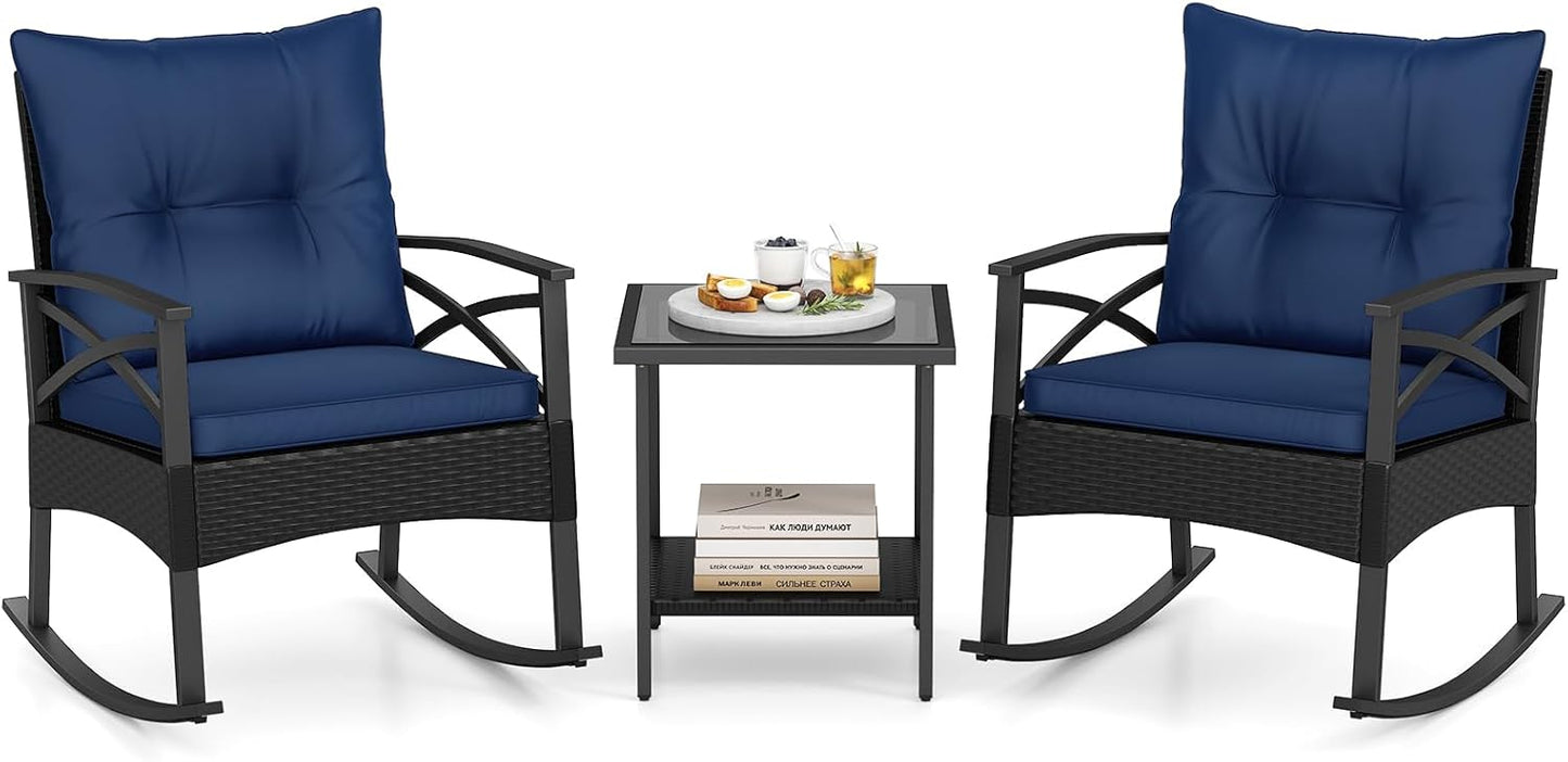 3 Pieces Rattan Outdoor Rocking Chairs Set with 2-Tier Tempered Glass Coffee Table
