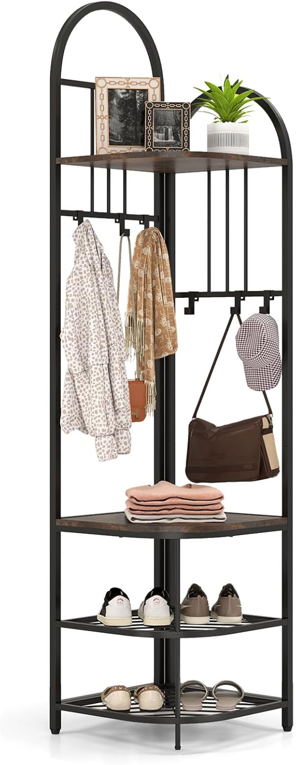 Tangkula 4-Tier Coat Rack Corner Hall Tree with Shoe Storage Bench