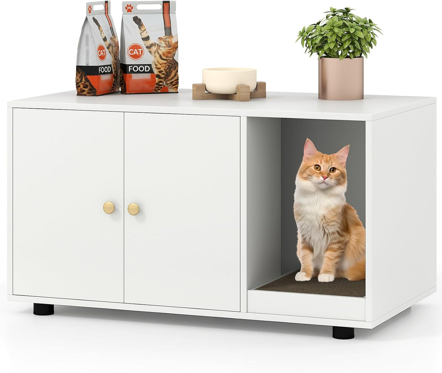 Tangkula Hidden Litter Box Furniture with Scratching Board & Double Doors