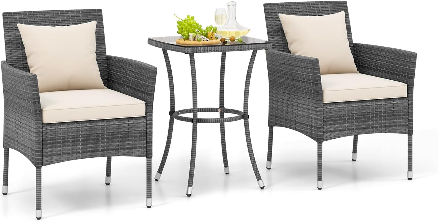 Tangkula 3-Piece Patio Furniture Set w/A Tempered Glass Table & 2 Cushioned Chairs