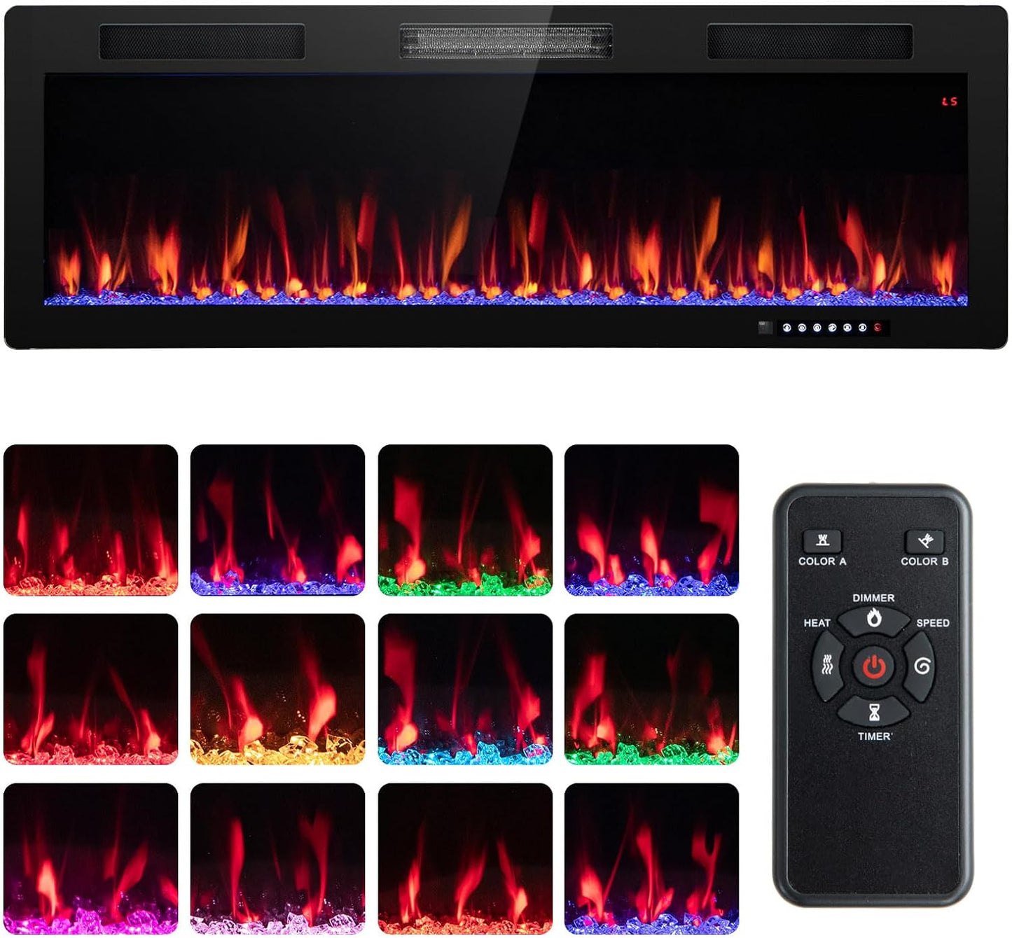 Tangkula 40 Inch Linear Electric Fireplace, Recessed & Wall-Mounted Fireplace Heater with Multi-Color Flame