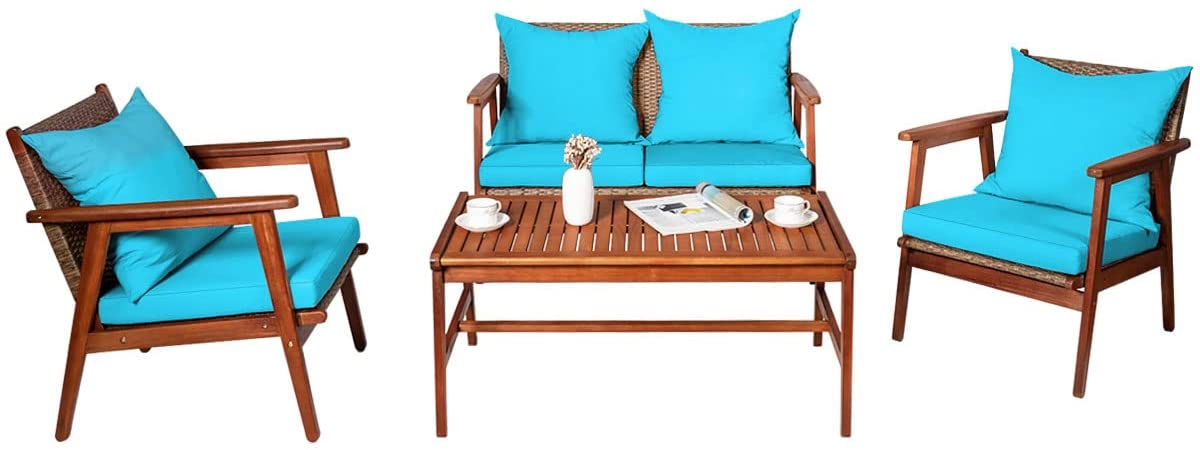 4/8PCS Patio Wood Sofa Set, Outdoor Acacia Wood Seating Chat Set with Cushions & Coffee Table