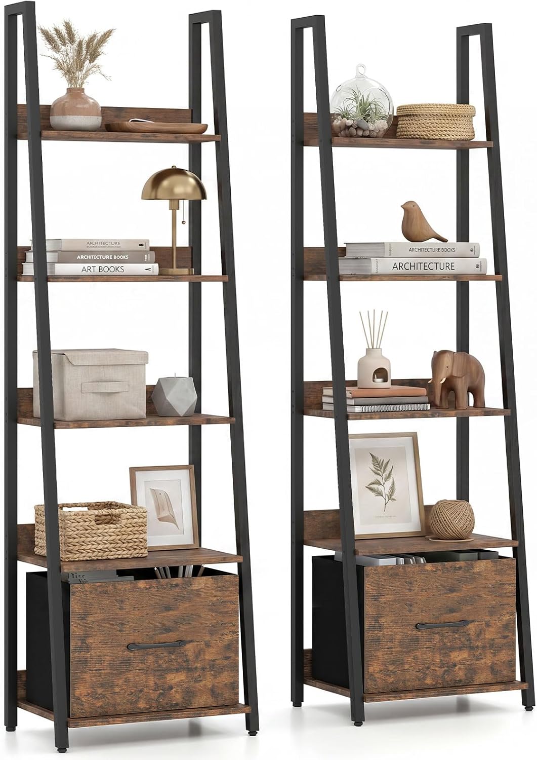 Tangkula 5-Tier Narrow Ladder Bookshelf with Fabric Drawer (1/2)