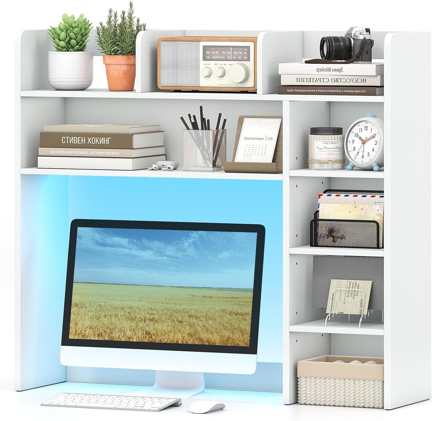 Tangkula Desktop Bookshelf with LED Lights & 8 Shelves for Max 25" Monitor