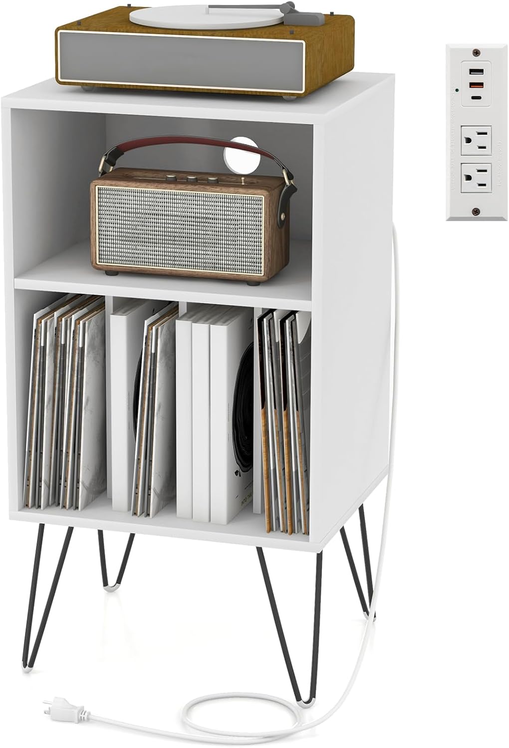 Tangkula Record Player Stand with Charging Station, Turntable Stand with Metal Legs, Vinyl Record Storage Cabinet