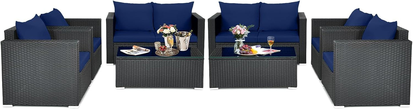 Patio Rattan Conversation Furniture Set, Outdoor Wicker Sofa Set with Padded Cushion & Tempered Glass Coffee Table