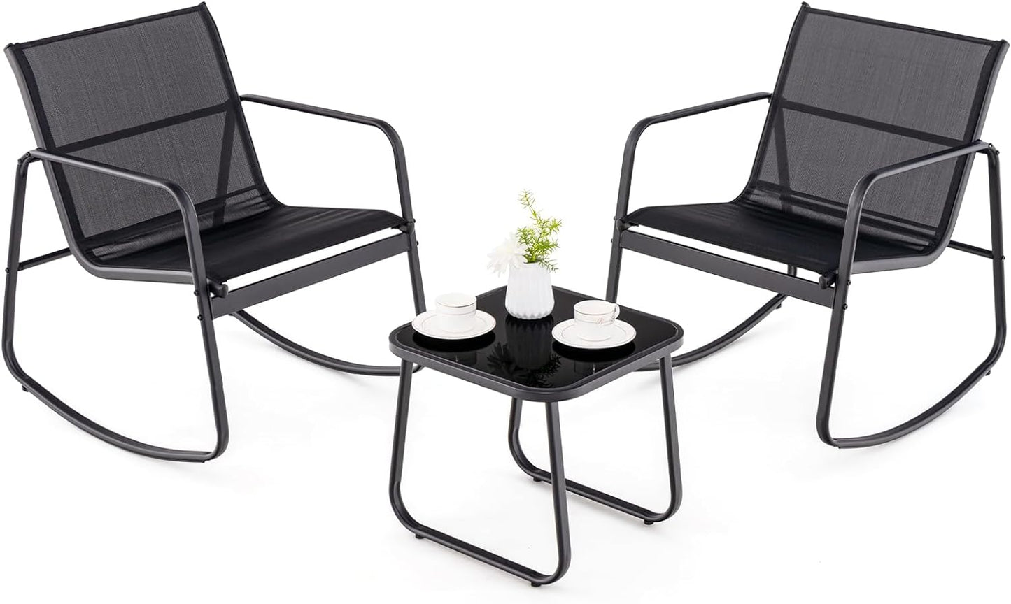 Tangkula 3 Pieces Patio Conversation Set, Outdoor Metal Chair & Table Set, Breathable Fabric & Tempered Glass Tabletop
