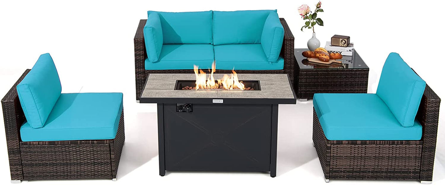 Tangkula 6 Pieces PE Rattan Wicker Sectional Sofa with 42" 60,000 BTU Gas Fire Pit Table