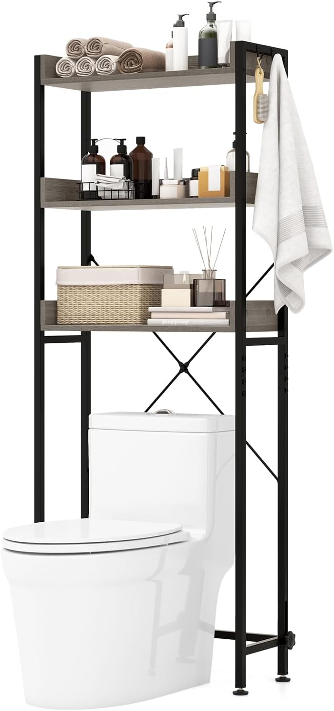 Tangkula Over The Toilet Storage Rack, 3-Tier Bathroom Space Saver w/ 4 Hooks & Adjustable Bottom Bar