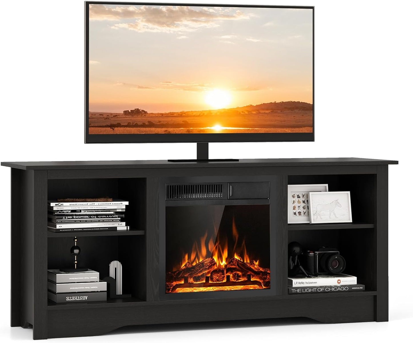 Meuble TV Tangkula avec foyer pour téléviseurs de 65 pouces, foyer électrique de 18 pouces avec télécommande, 7 niveaux de luminosité et réglage de chaleur 750W/1500W