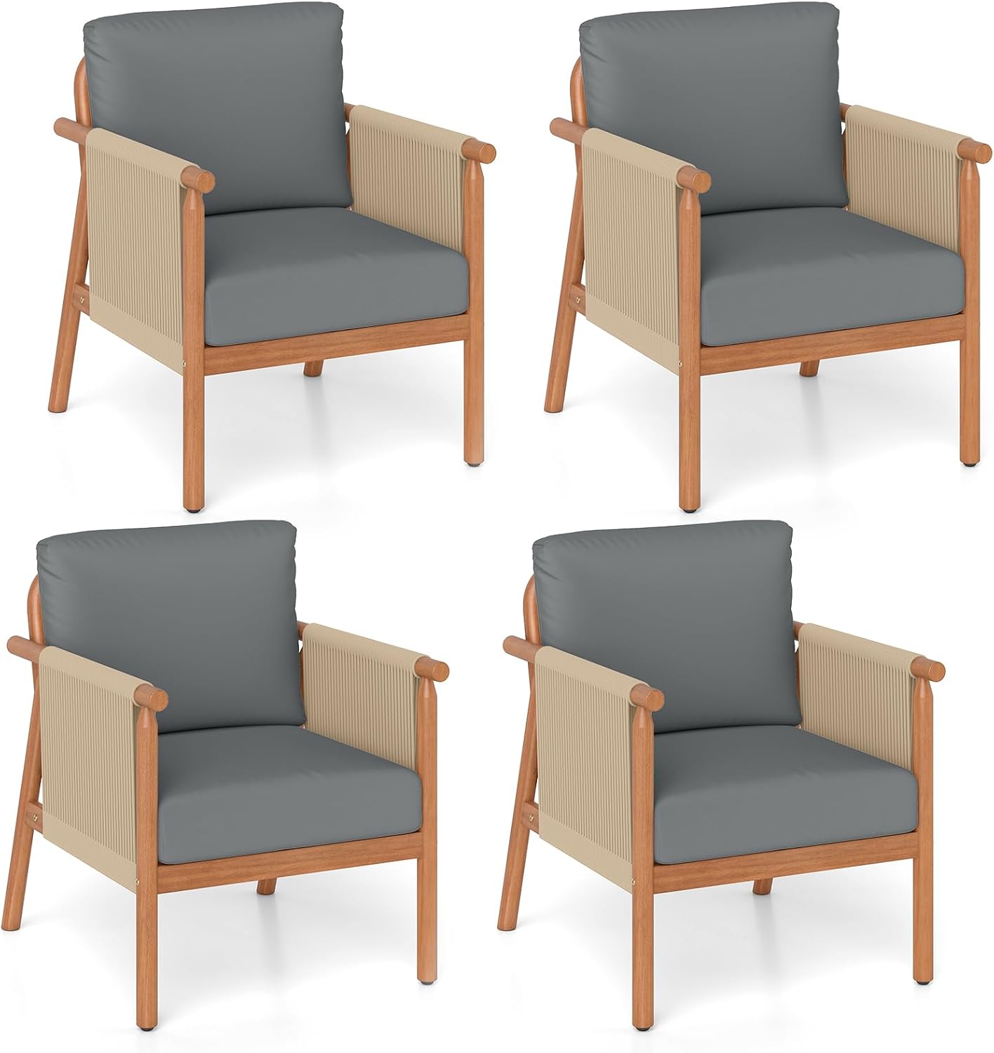 Tangkula Acacia Wood Boho Accent Chair with Woven Rope Armrests & Seat Back Cushions (1/2/4)