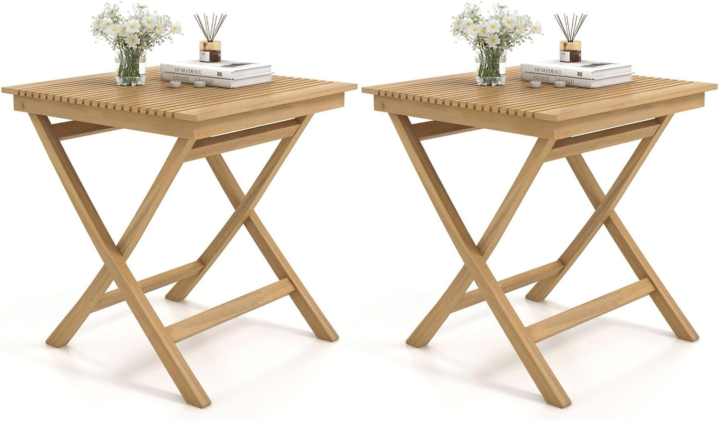 Tangkula 27.5 Inch Patio Bistro Table, Teak Wood Square Table with Slatted Tabletop