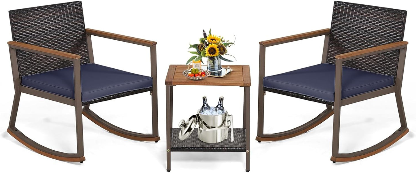 Tangkula 3 Pieces Rocking Bistro Set, Outdoor Rocker Chair with Coffee Table & Cushions