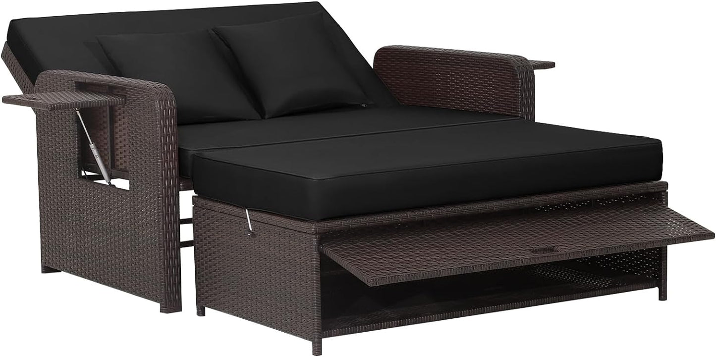Tangkula Patio Rattan Daybed, Patiojoy Wicker Loveseat Sofa with 4-Postion Adjustable Backrest, Storage Ottoman, Cushions