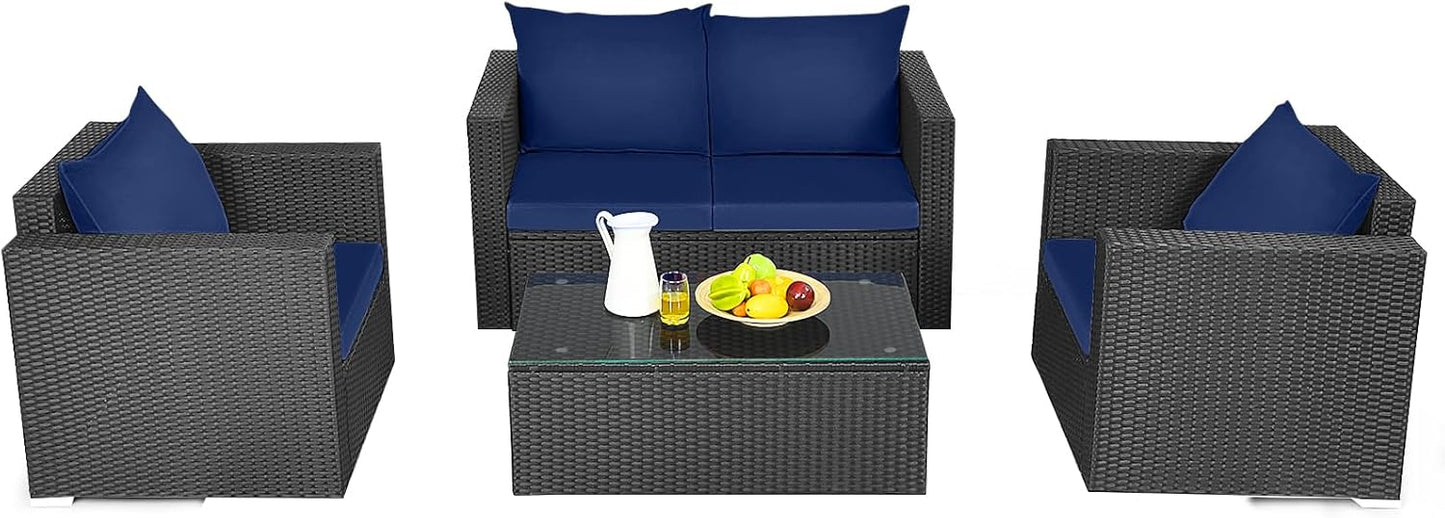 Patio Rattan Conversation Furniture Set, Outdoor Wicker Sofa Set with Padded Cushion & Tempered Glass Coffee Table