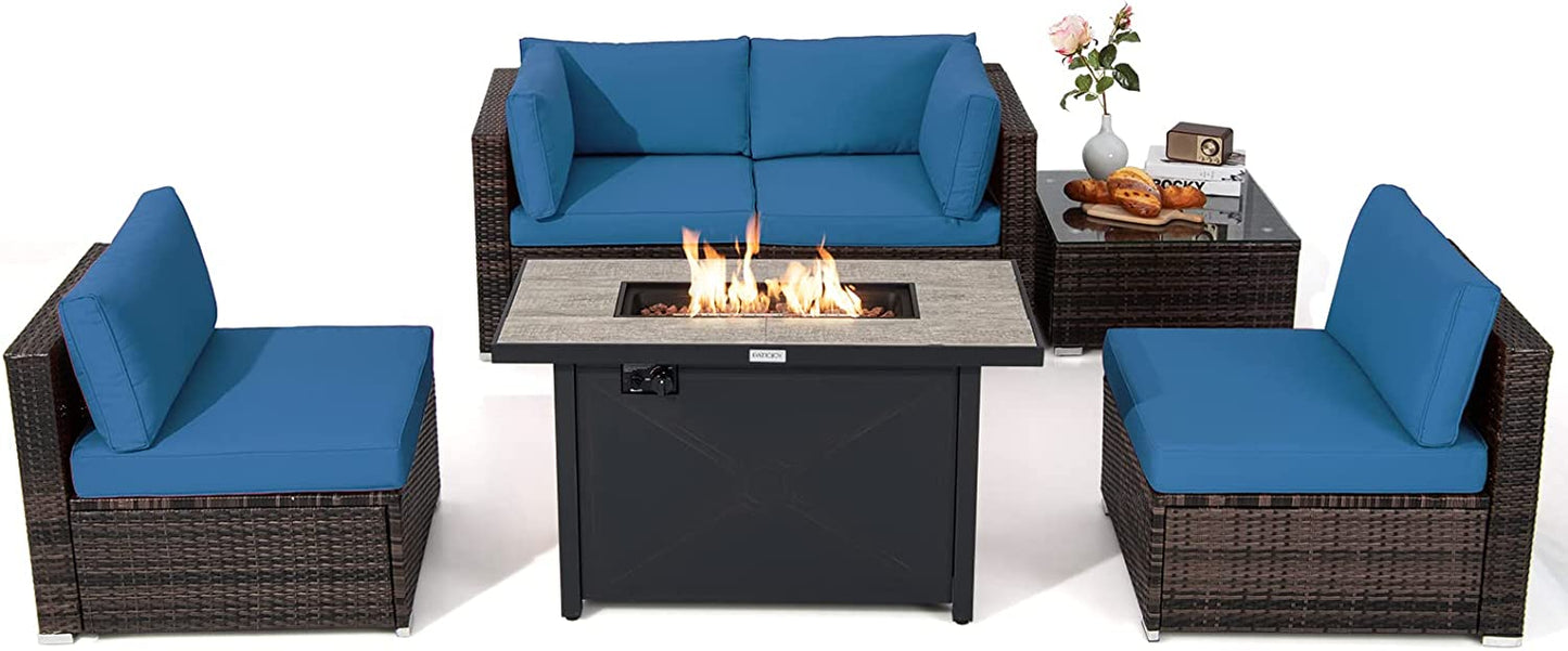 Tangkula 6 Pieces PE Rattan Wicker Sectional Sofa with 42" 60,000 BTU Gas Fire Pit Table