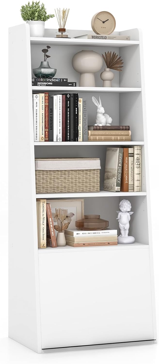 Tangkula 6 Tier Bookcase, Modern Bookshelf w/ 2 Adjustable Shelves & Flip-up Door, Wood Storage Cabinet with 5 Open Shelves