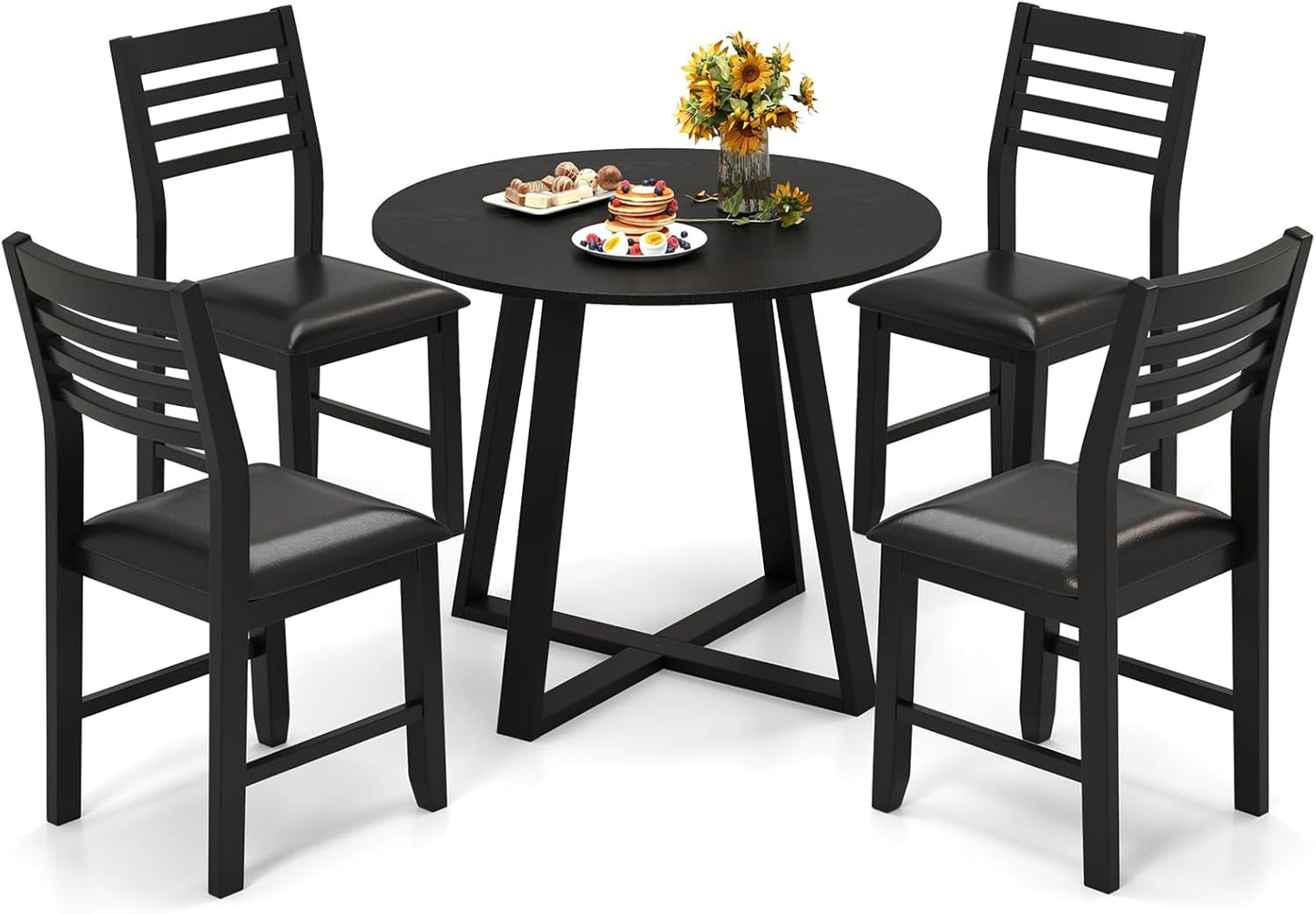 Tangkula Ensemble Table à Manger Ronde, Ensemble Dînette avec Table et Chaises Rembourrées en PU