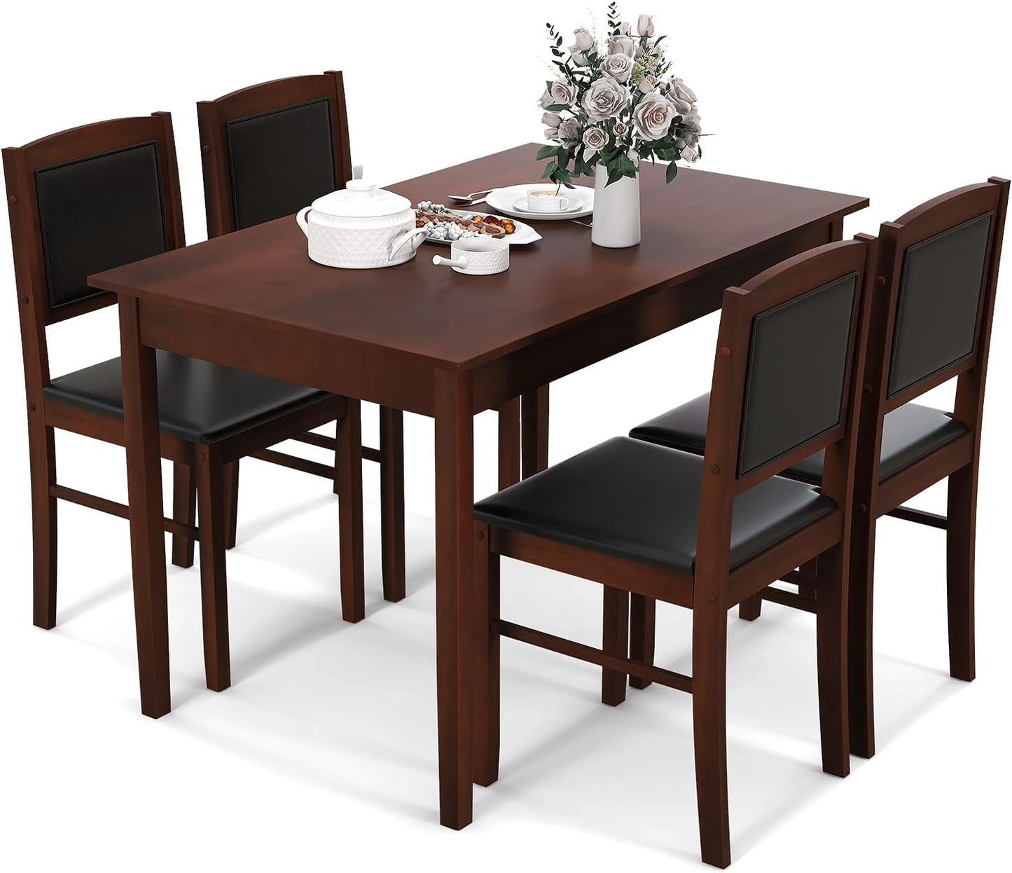 Tangkula 5-Piece Dining Table Set for 4, Farmhouse Solid Wood Dinette Set w/Rubber Wood Legs