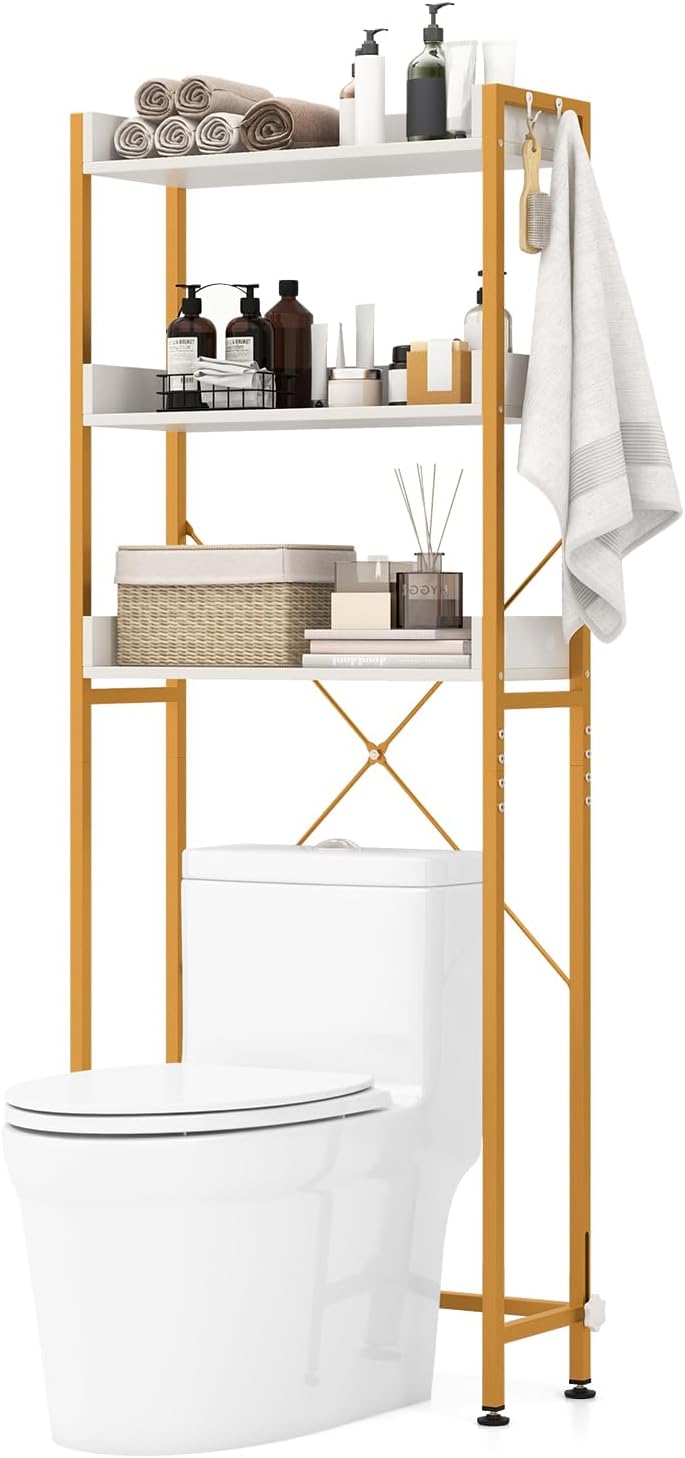 Tangkula Over The Toilet Storage Rack, 3-Tier Bathroom Space Saver w/ 4 Hooks & Adjustable Bottom Bar