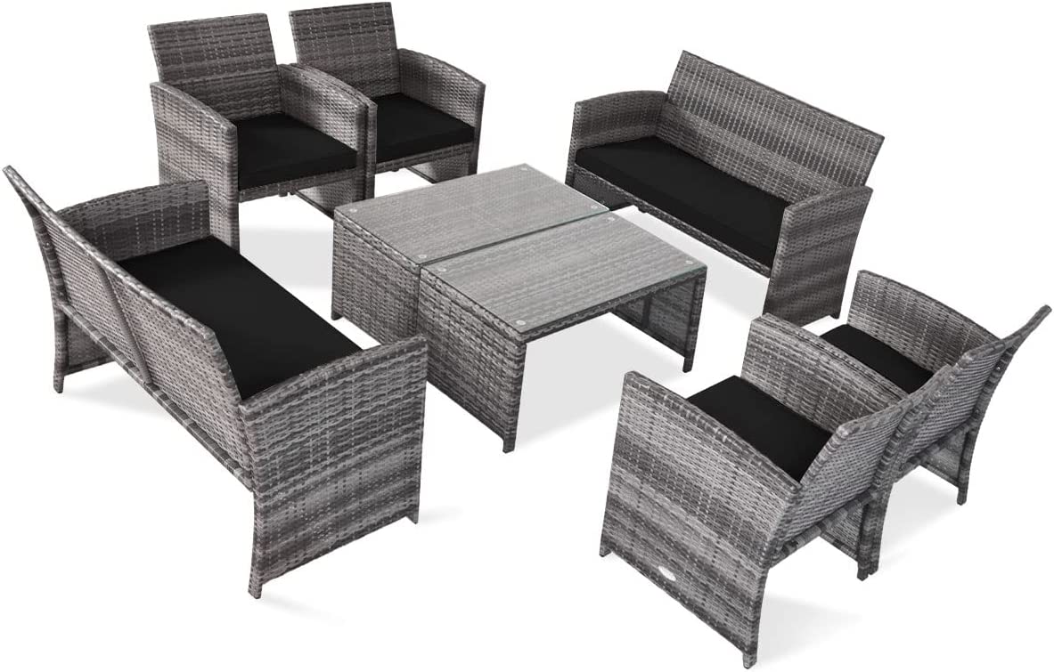 Tangkula 4/8 PCS Wicker Patio Conversation Set, Outdoor Rattan Sofas with Table Set