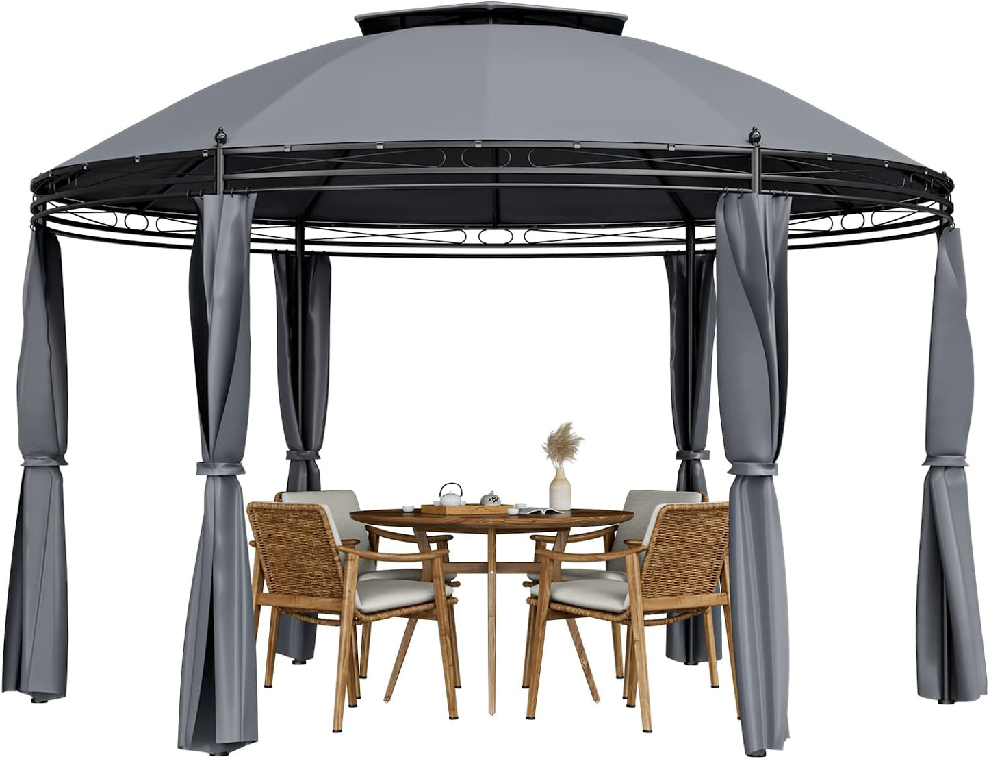 Tangkula 11.5x11.5 ft Round Patio Gazebo, 2-Tier Dome Gazebo with Removable Side Curtains