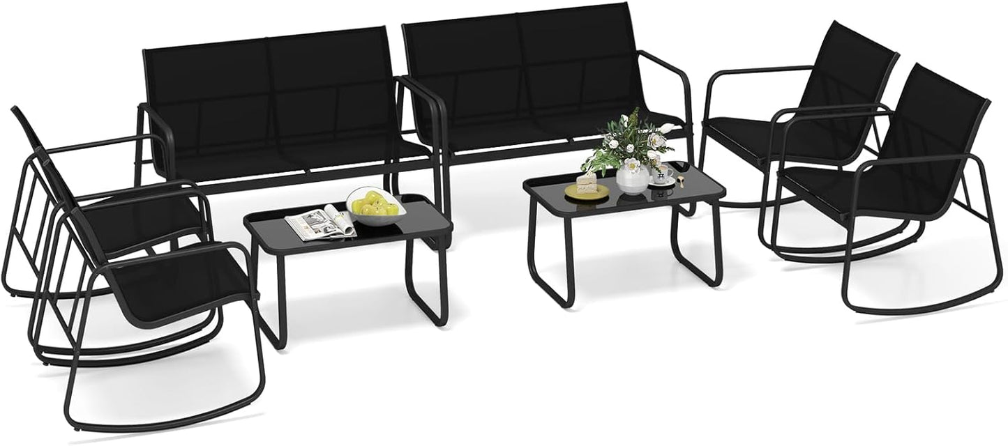 Tangkula Outdoor Rocking Bistro Set with Rocking Chairs Loveseat & Glass Coffee Table