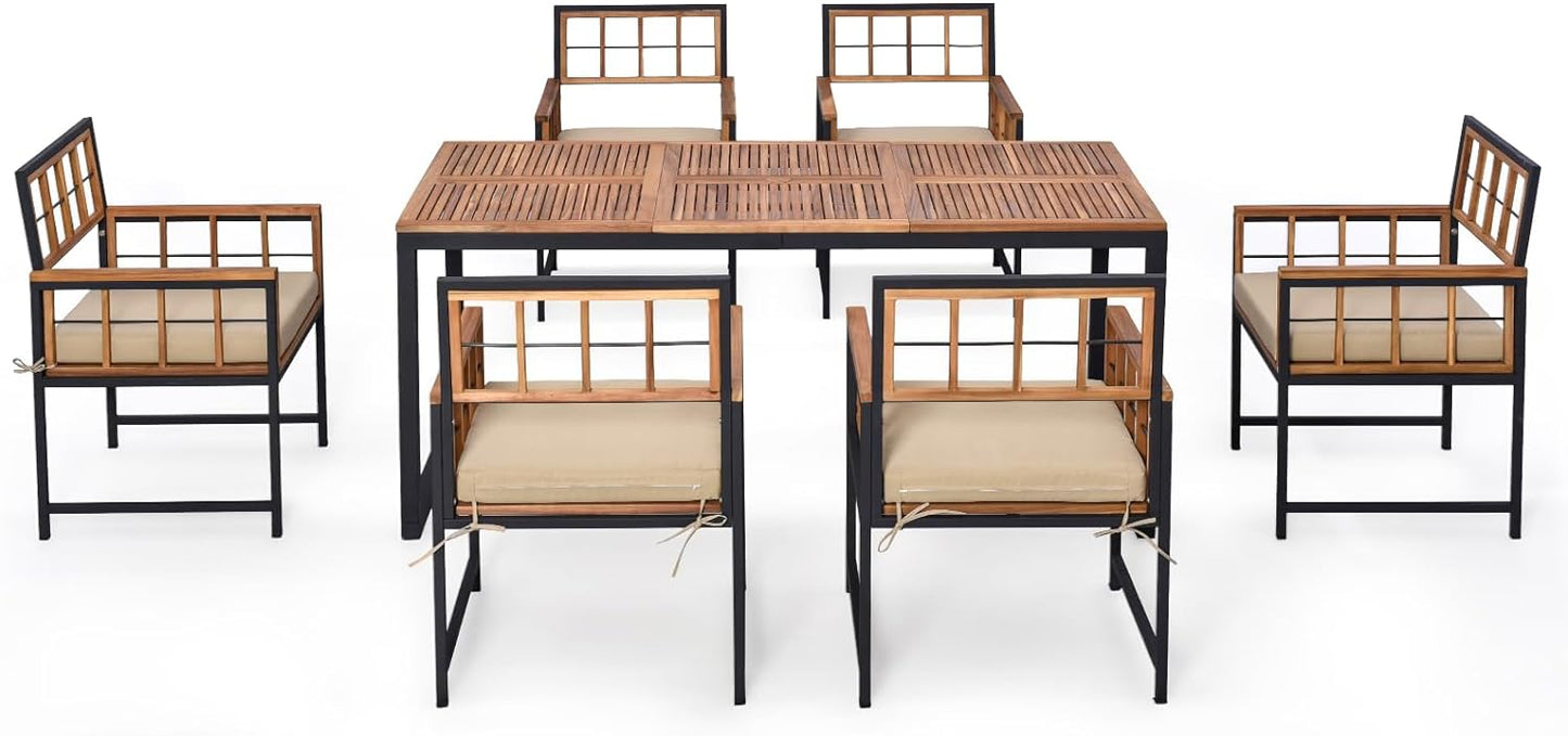 Tangkula Ensemble repas de patio 7 pièces, table et chaises d'extérieur en bois d'acacia avec coussins moelleux et trou pour parasol