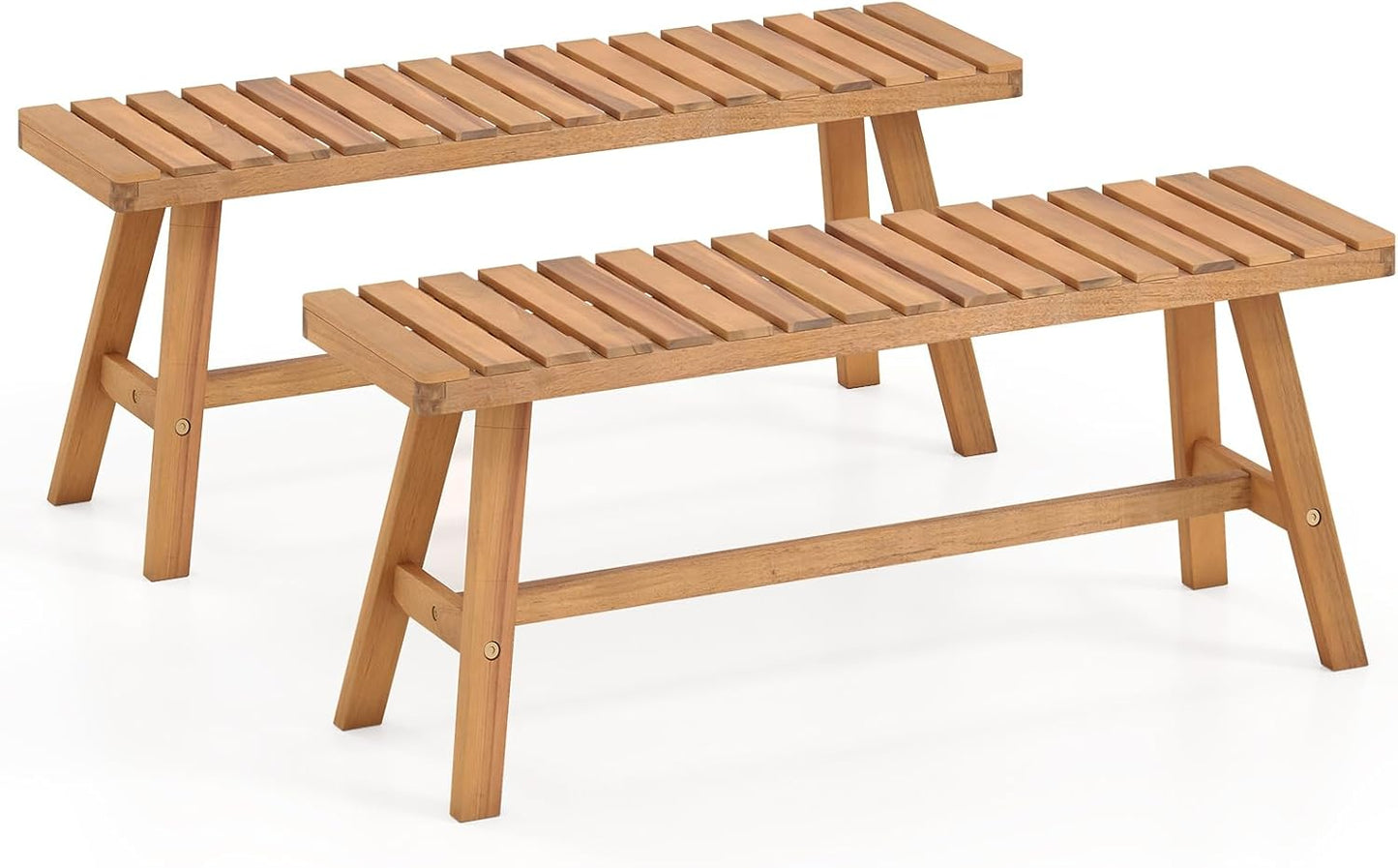 Tangkula Acacia Wood Outdoor Garden Bench Set of 1/2 with Slatted Seat