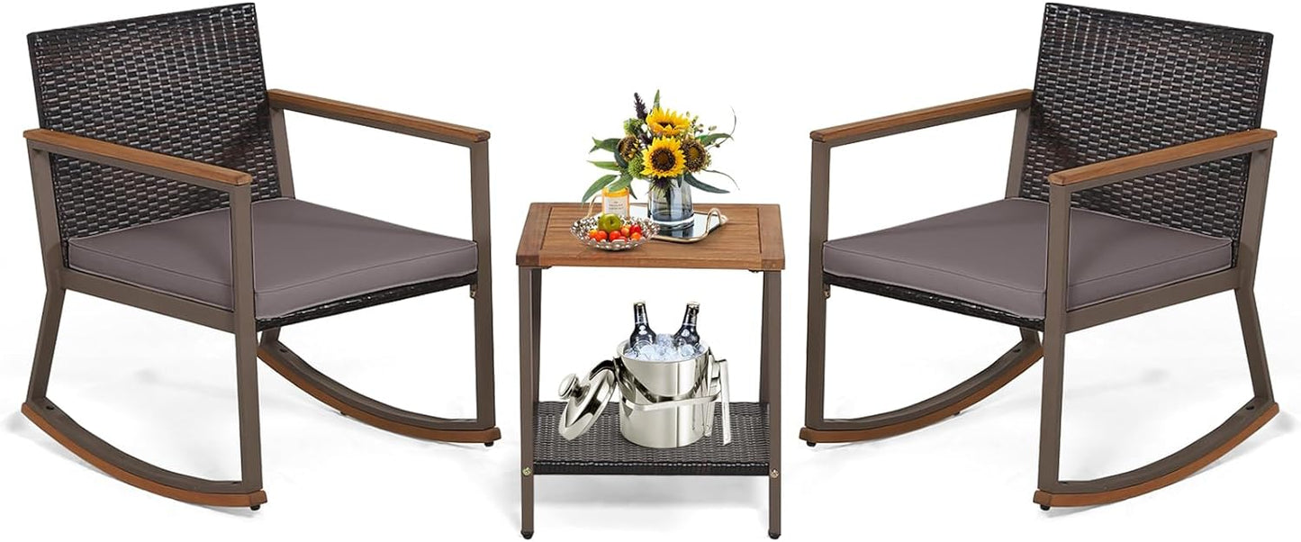 Tangkula 3 Pieces Rocking Bistro Set, Outdoor Rocker Chair with Coffee Table & Cushions