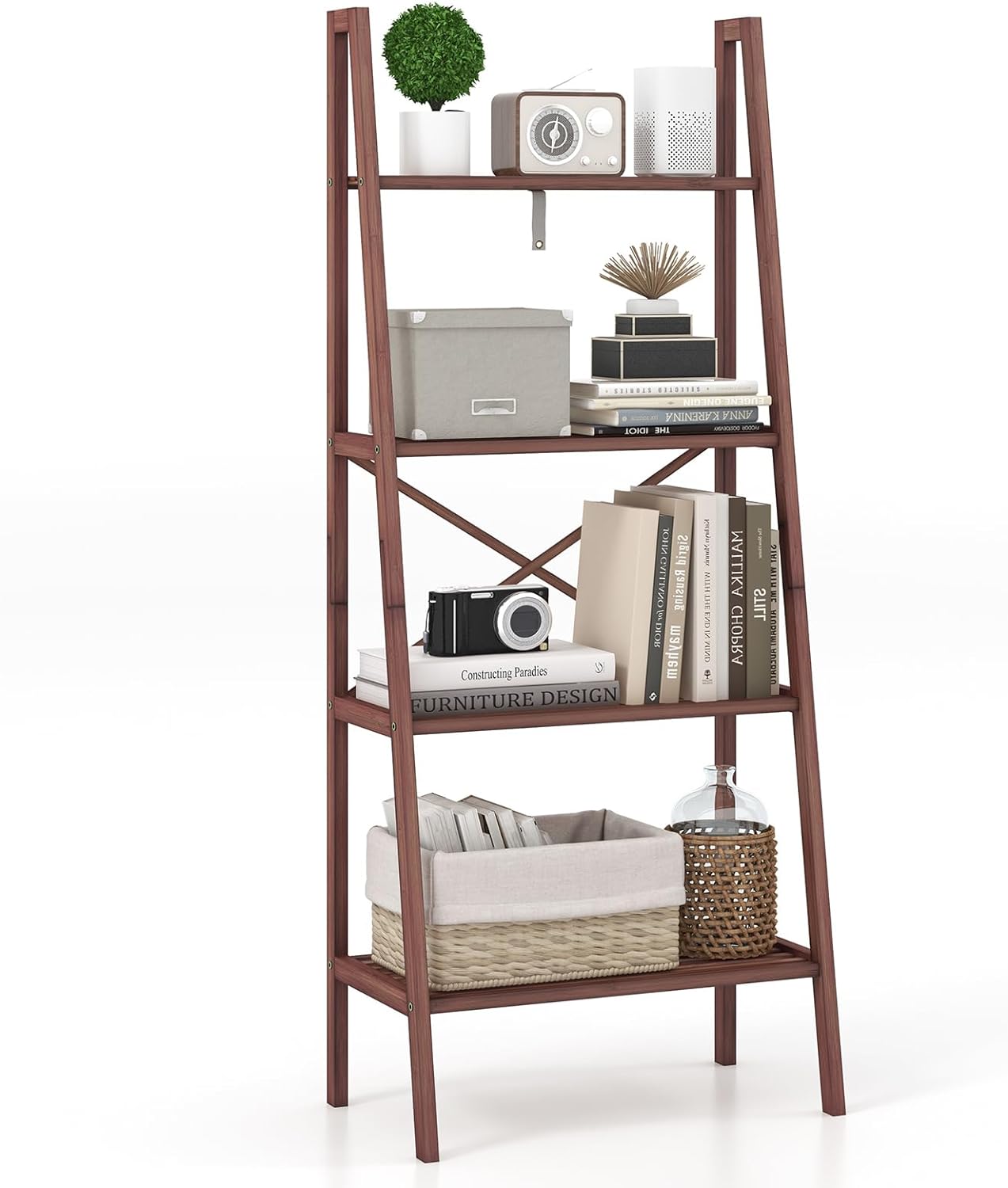 Tangkula 4 Tier Bamboo Ladder Bookshelf, Freestanding Plant Display Stand