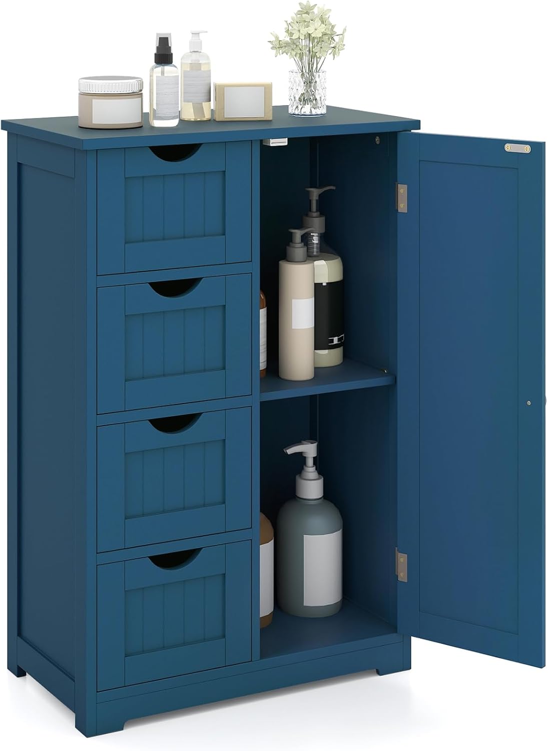 Meuble bas de salle de bain, meuble de rangement sur pied avec 4 tiroirs et une porte, 22 x 12 x 32 pouces