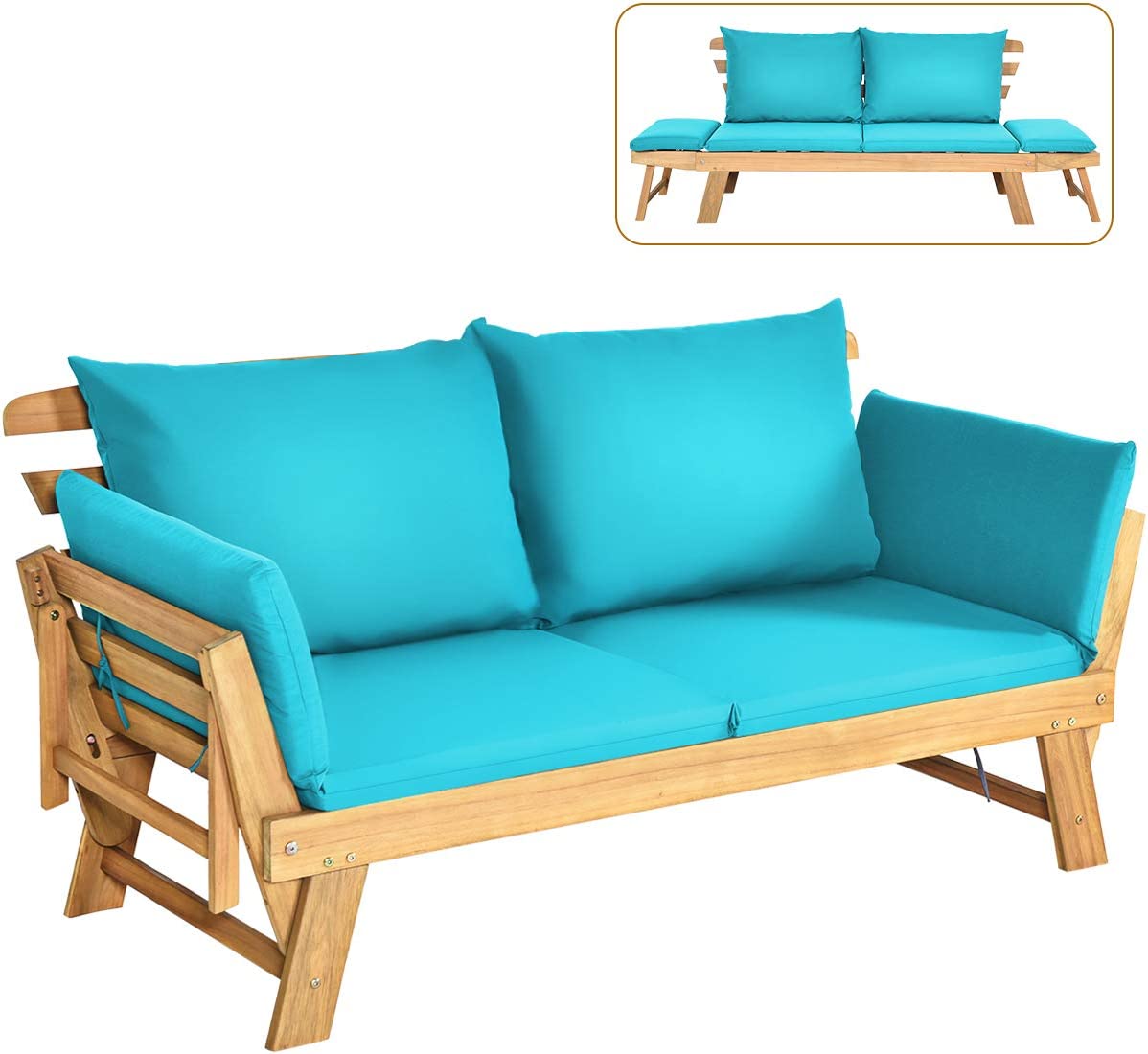 Tangkula Acacia Wood Patio Convertible Couch Sofa Bed with Adjustable Armrest