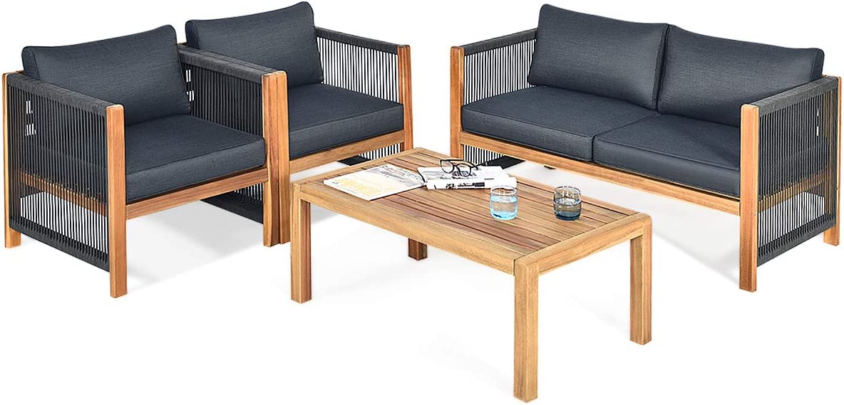 Outdoor Wood Furniture Set, Acacia Wood Frame Loveseat Sofa, 2 Single Chairs and Coffee Table