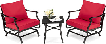 Ensemble de 3 chaises à bascule et table basse Tangkula pour patio, coussins d'assise et de dossier inclus (Rouge)