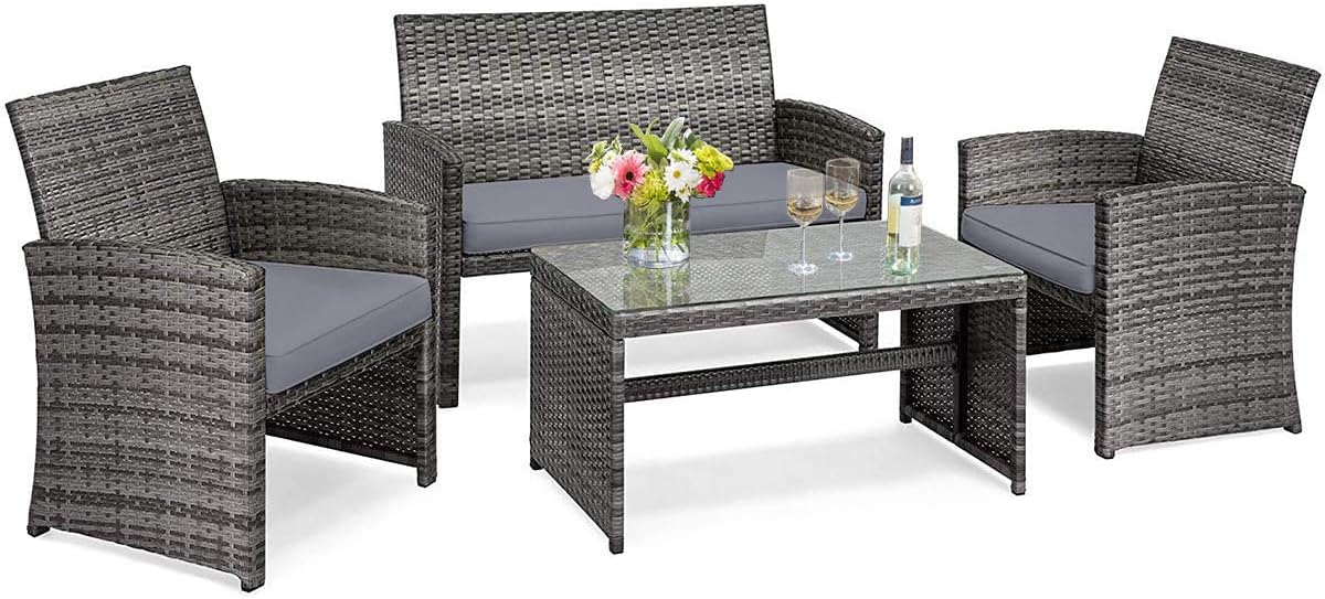 Tangkula 4/8 PCS Wicker Patio Conversation Set, Outdoor Rattan Sofas with Table Set