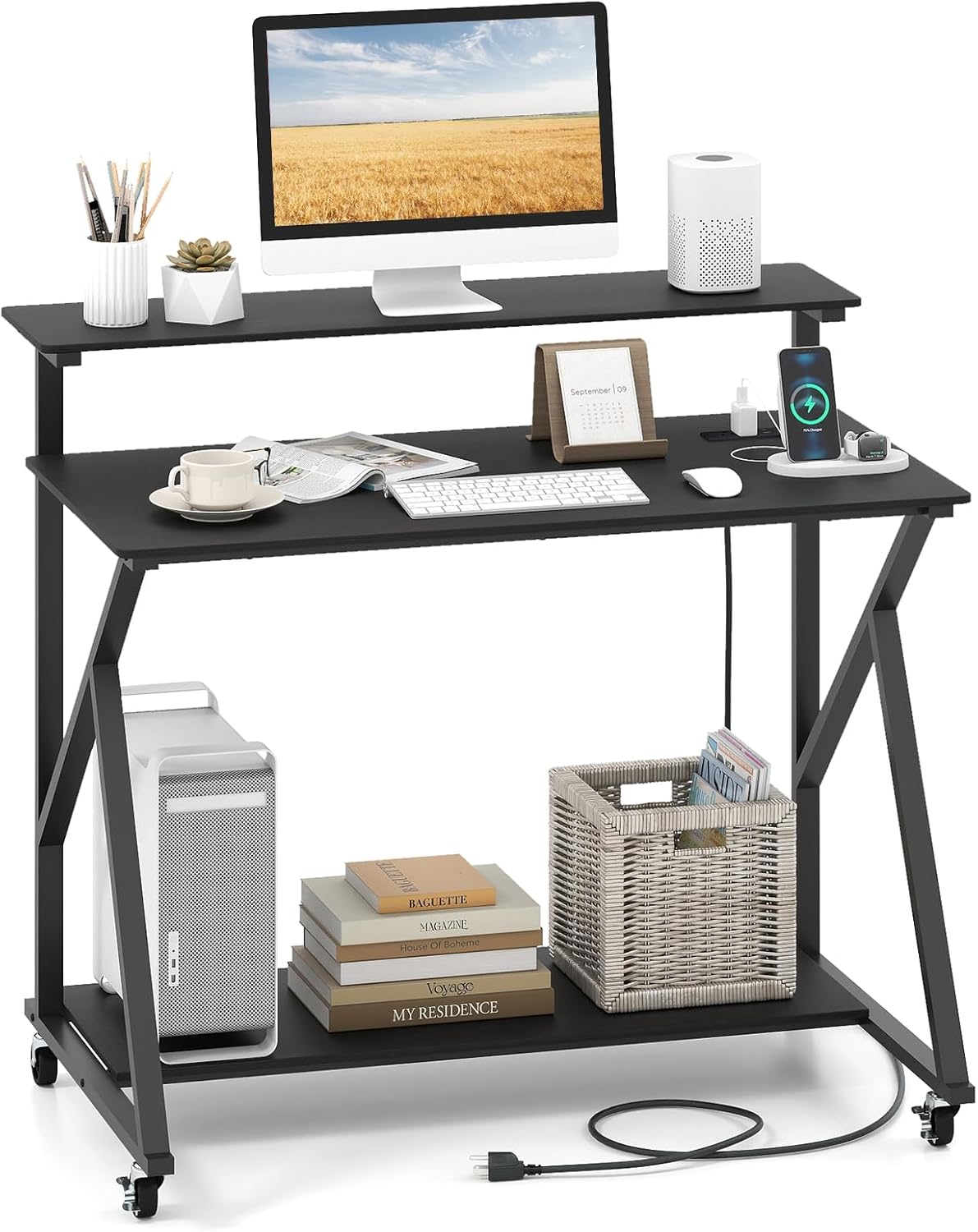 Tangkula Bureau Informatique Mobile de 99 cm avec Prises de Courant, Support Moniteur et Étagère de Rangement