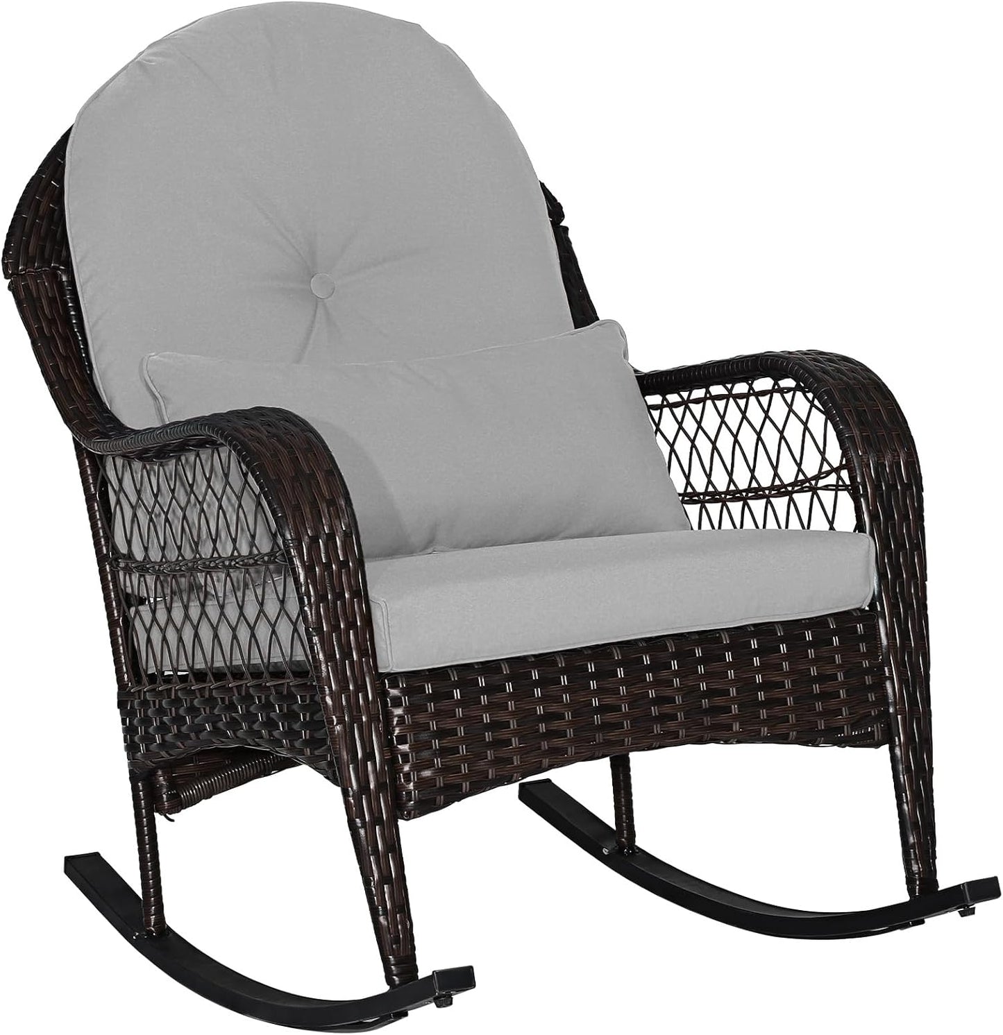 Patio Wicker Rocking Chair, Outdoor PE Rattan Rocker with Seat and Back Cushion