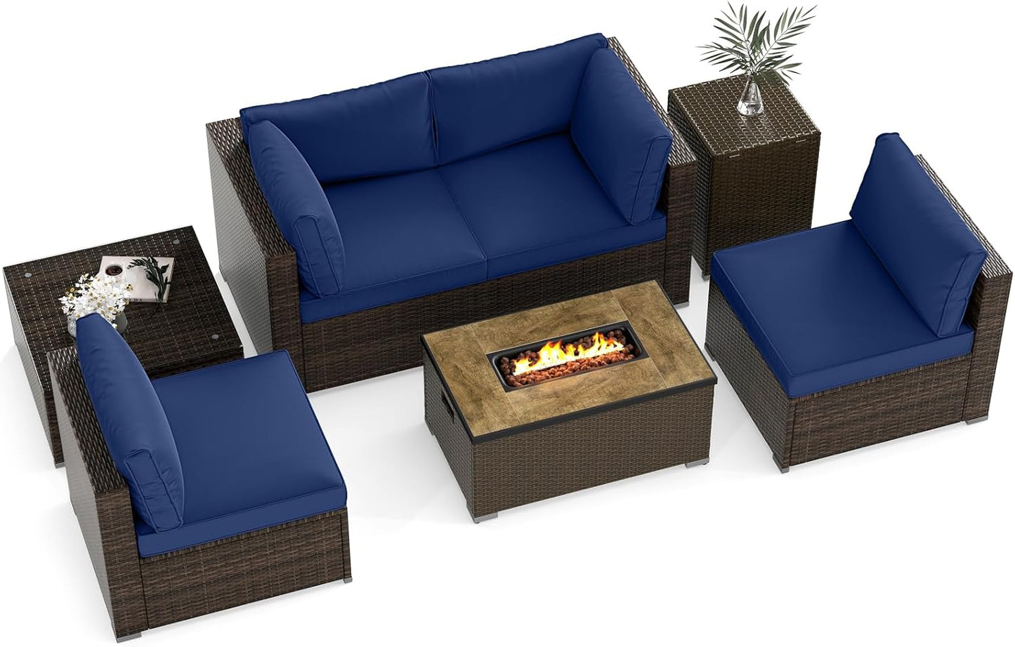 Tangkula 7 Pieces Outdoor Sectional Sofa Set Set with 32” Fire Pit Table and Propane Tank Cover