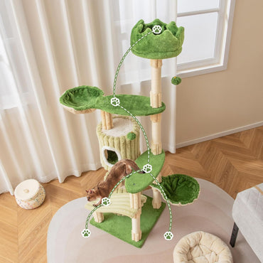 Arbre à chat Tangkula de 160 cm de haut, tour à chat verte mignonne avec 2 condos, perchoir supérieur en peluche, 2 lits paniers