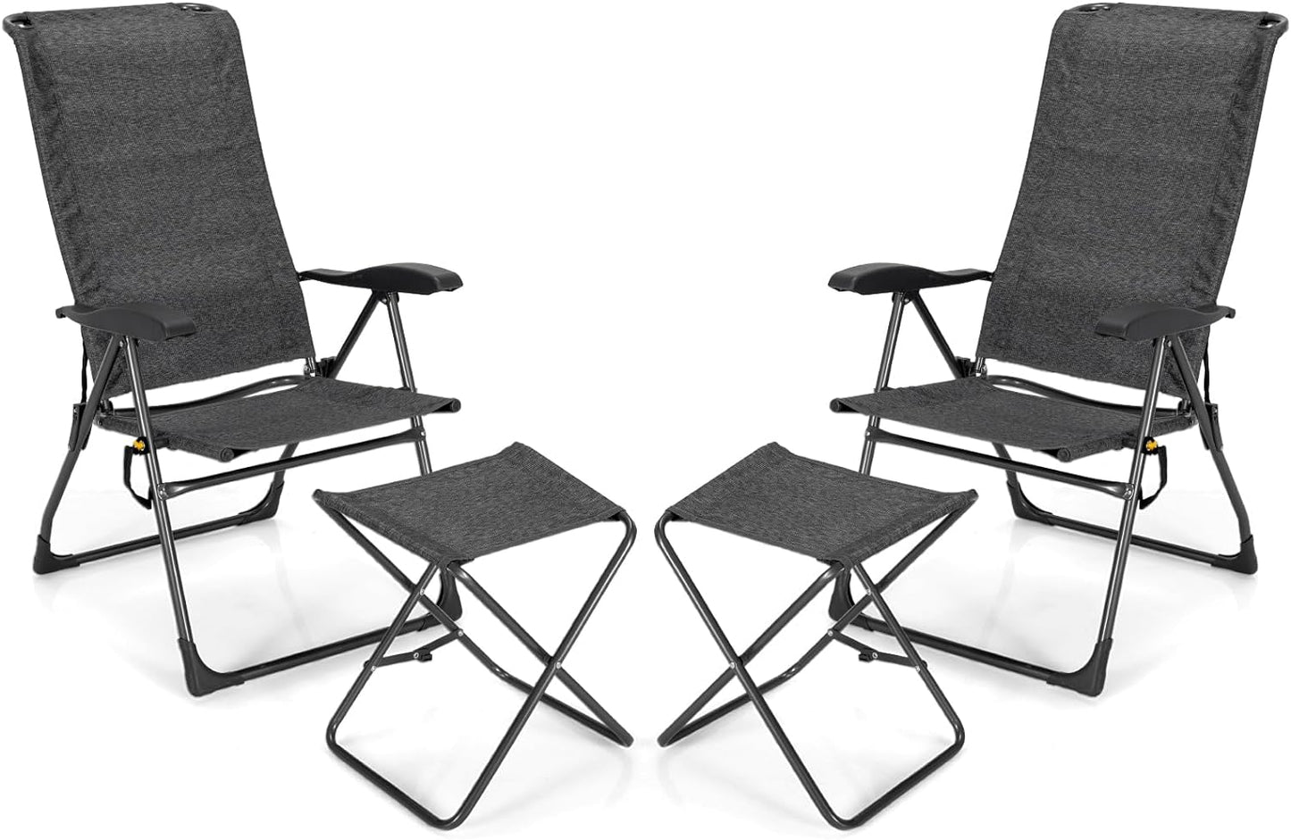 Tangkula Folding Patio Chairs, Set of 2 Outdoor Dining Chairs & Ottomans, Lawn Chairs with 7-Level Adjustable Backrest
