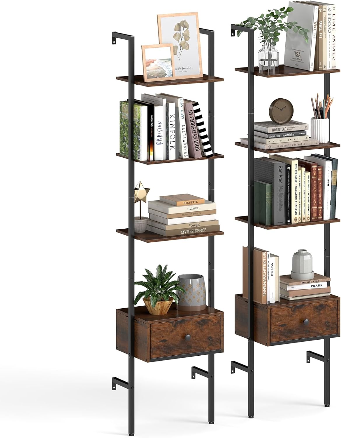 Tangkula 5-Tier Ladder Bookcase with Drawer and Metal Frame for Study Home Office