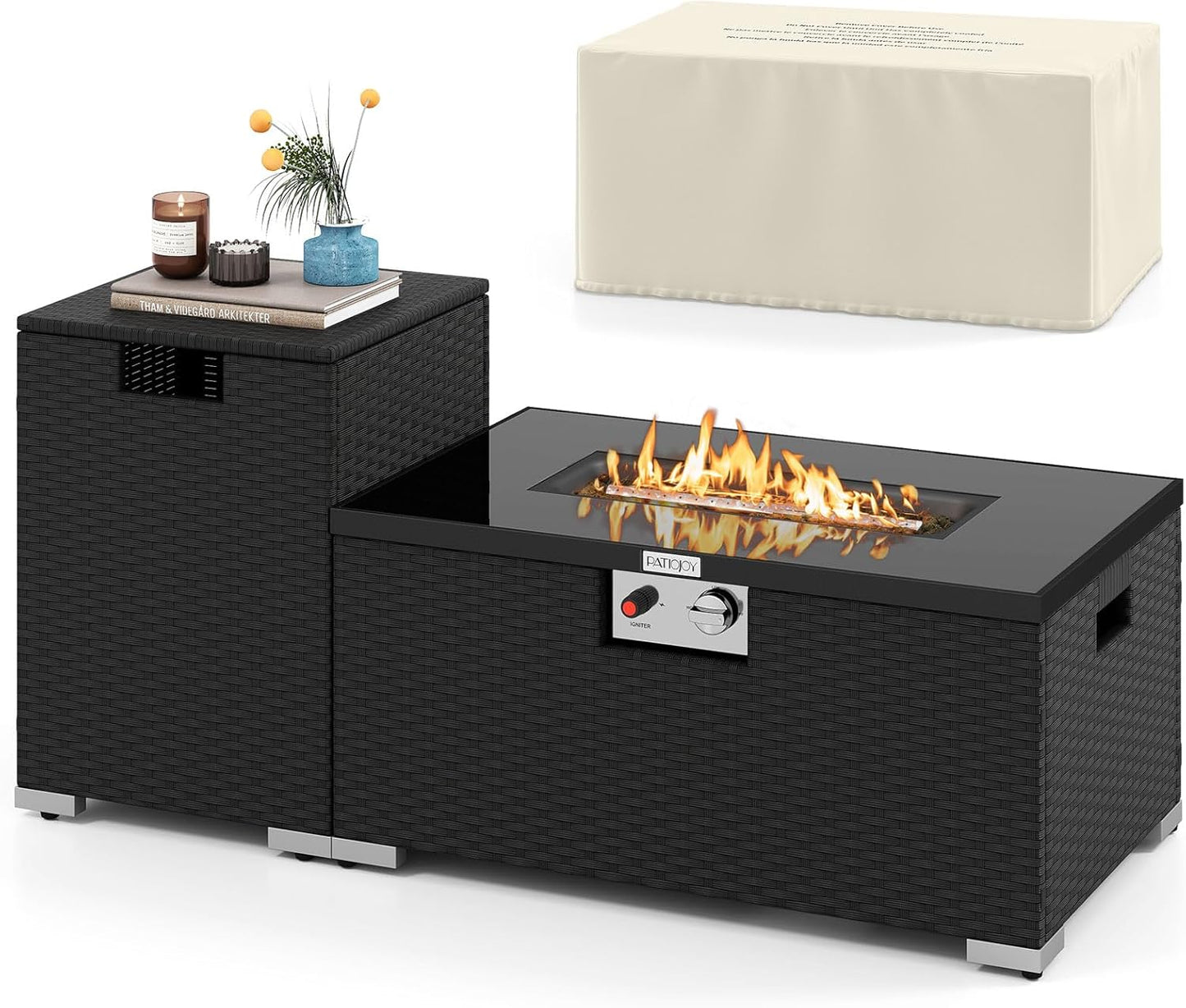 Tangkula 2-Piece Outdoor Rattan Fire Table Set 32 Inch Rectangle Gas Firepit with Tank Cover