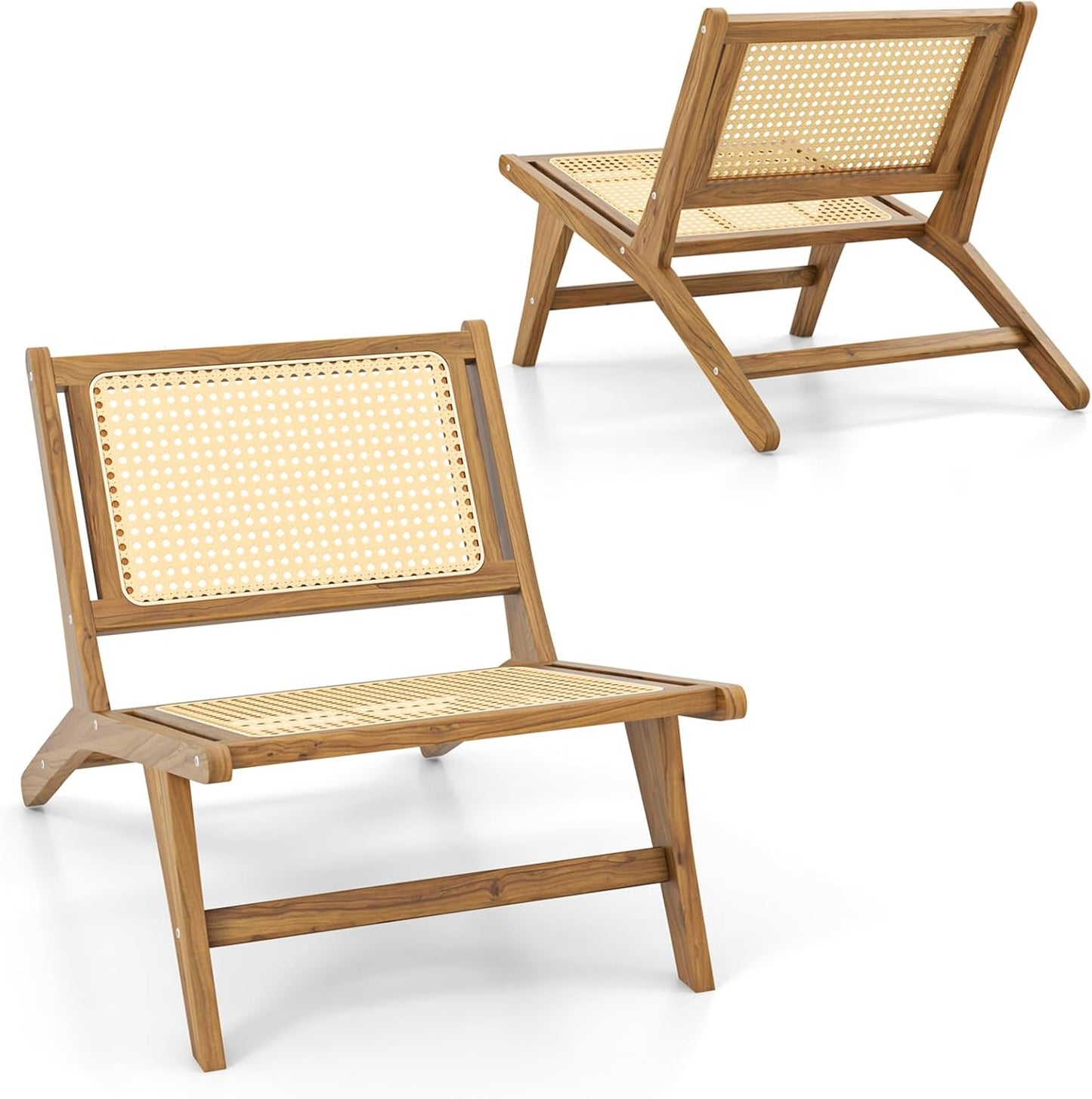 Tangkula Teak Wooden Chair, Mid Century Modern Accent Chair with Handwoven Rattan Seat & Backrest for Living Room Bedroom Office Indoor